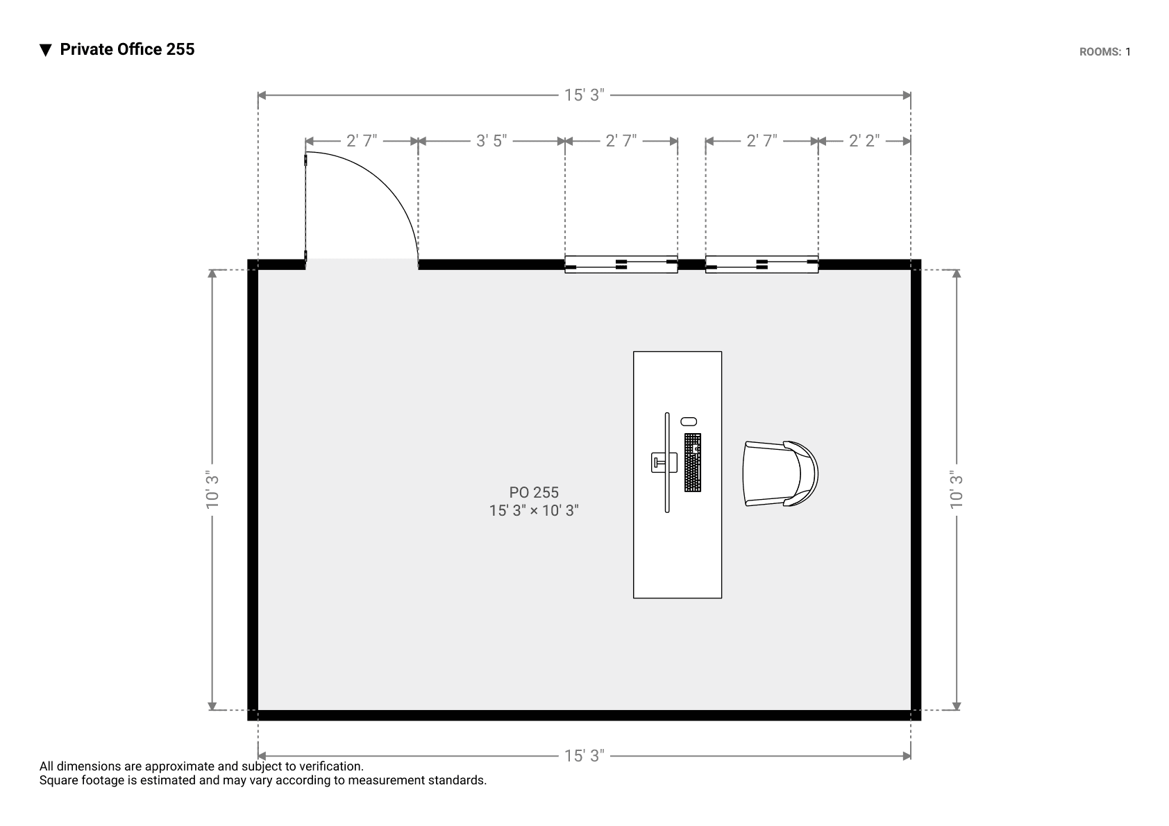 Floorplan of Private Office 255: a 15 by 10 foot room with one desk and chair in the middle, a door in the top-left corner and two windows along the top wall