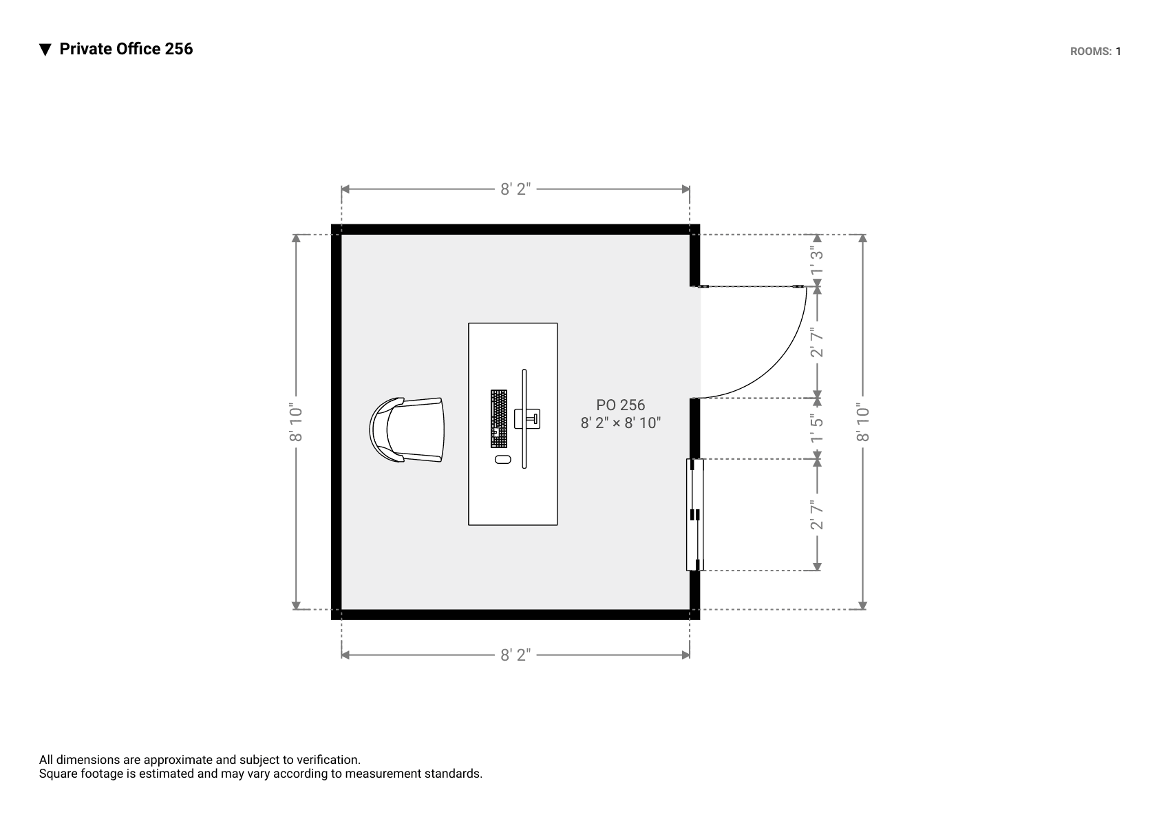 Floorplan of Private Office 256: an 8 by 9 foot room with one desk and chair in the centre, a door and a window on the right wall