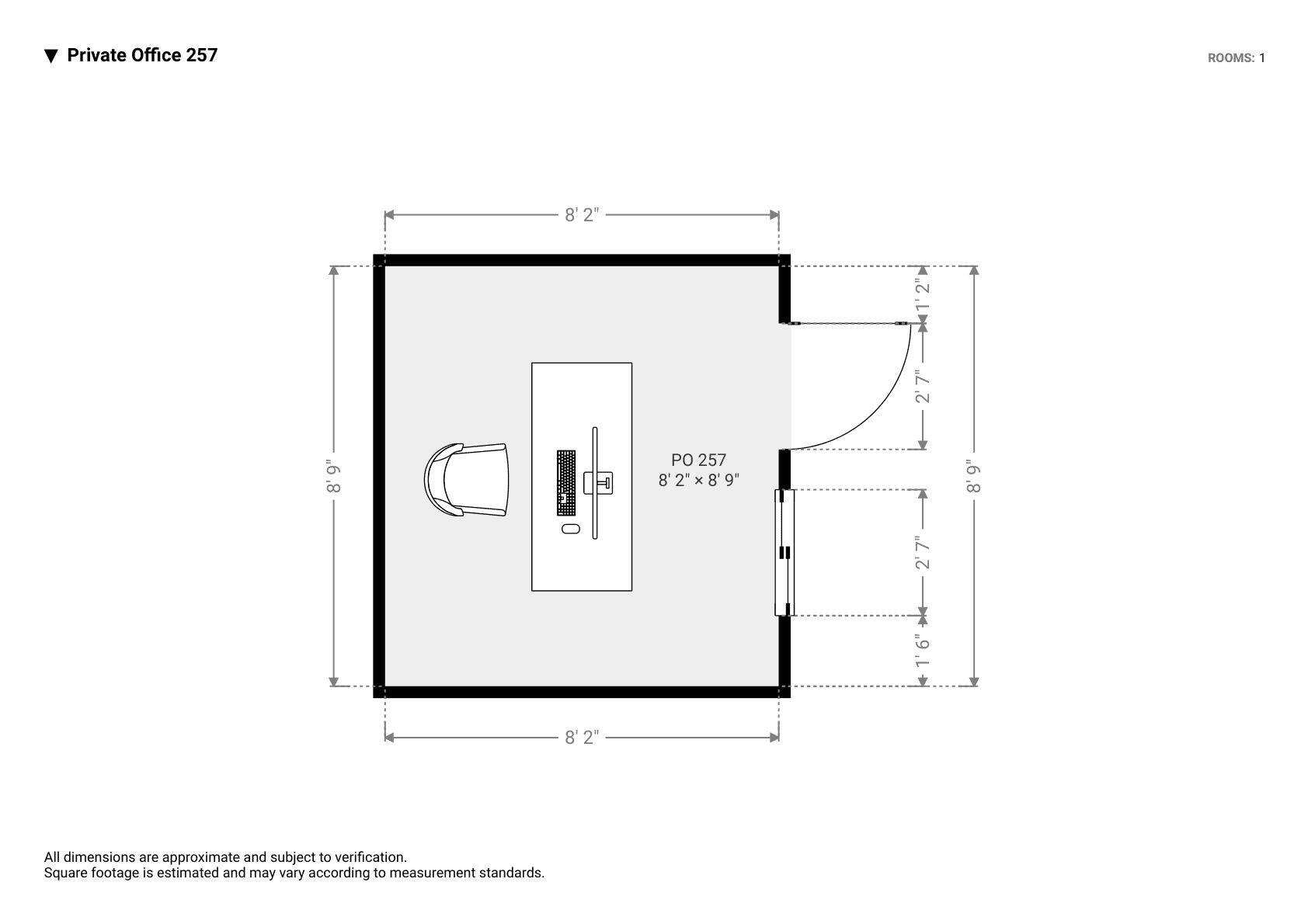 Floorplan of Private Office 257: an 8 by 9 foot room with one desk and chair in the centre, a door and a window on the right wall