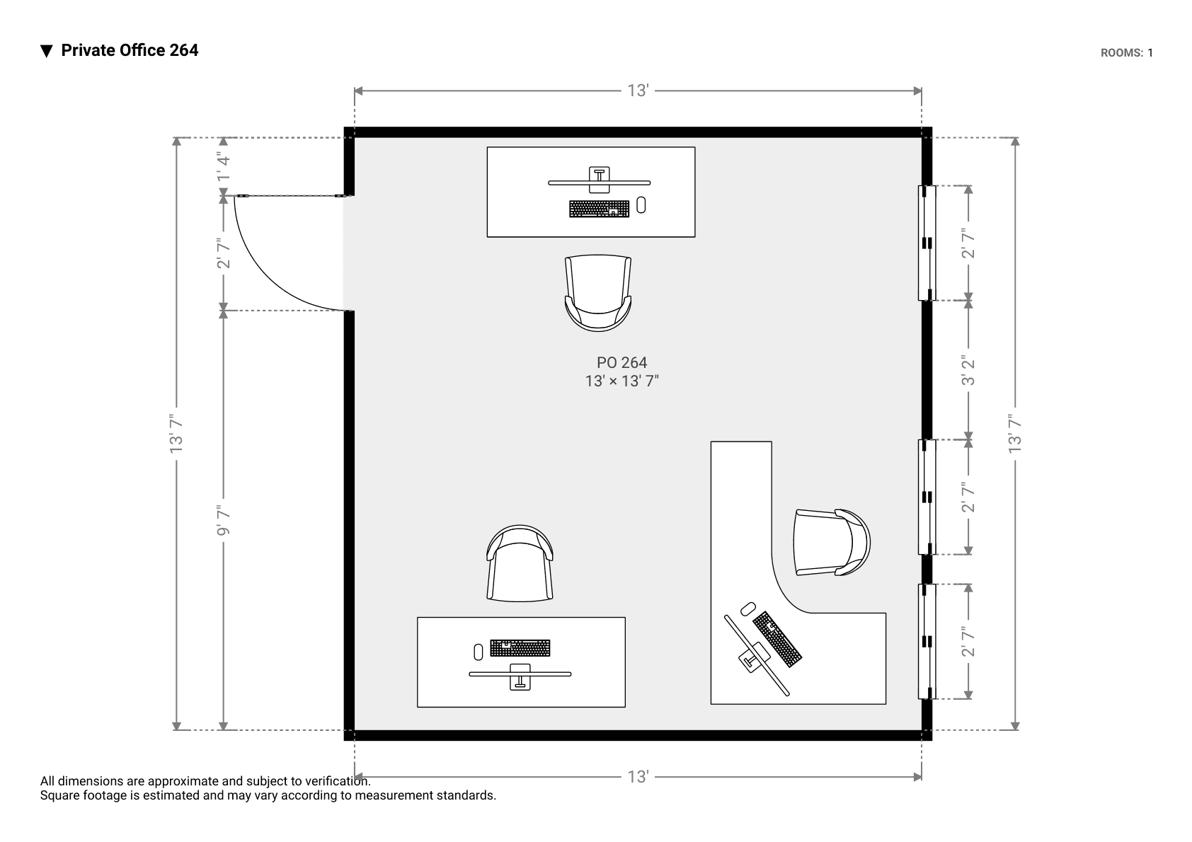 Floorplan of Private Office 264: a 13 by 14 foot room with three desks including an L-shaped corner desk, a door top-left and three windows on the right wall