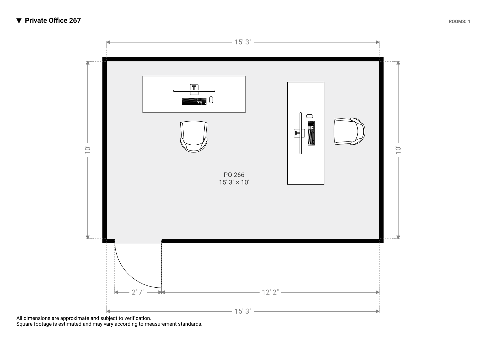 Floorplan of Private Office 266: a 15 by 10 foot room with two desks, one facing the top wall and one on the right, and a door in the bottom-left corner