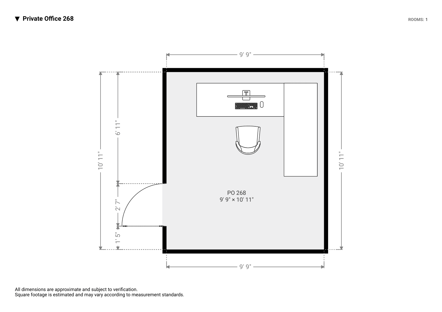 Floorplan of Private Office 268: a 10 by 11 foot room with an L-shaped desk in the top-right corner and a door on the left wall