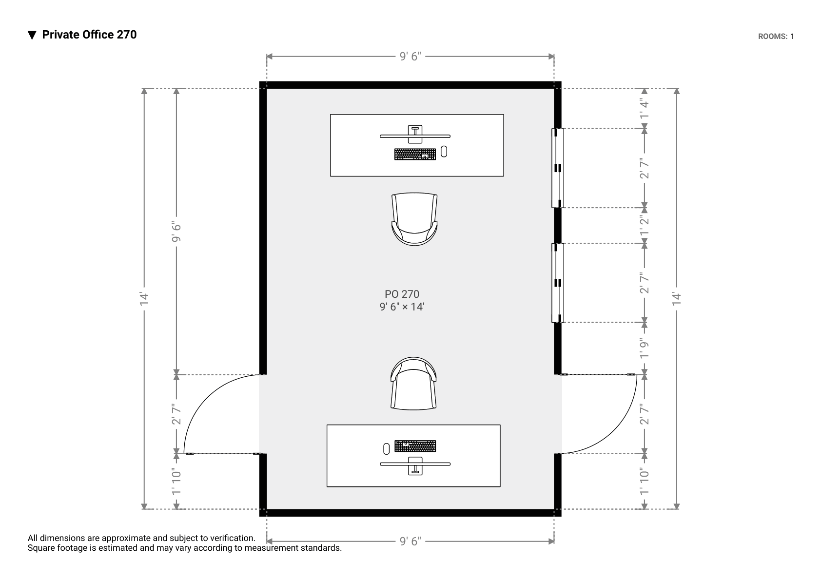 Floorplan of Private Office 270: a 10 by 14 foot room with two desks facing each other, two windows on the right wall and doors on both the left and right walls
