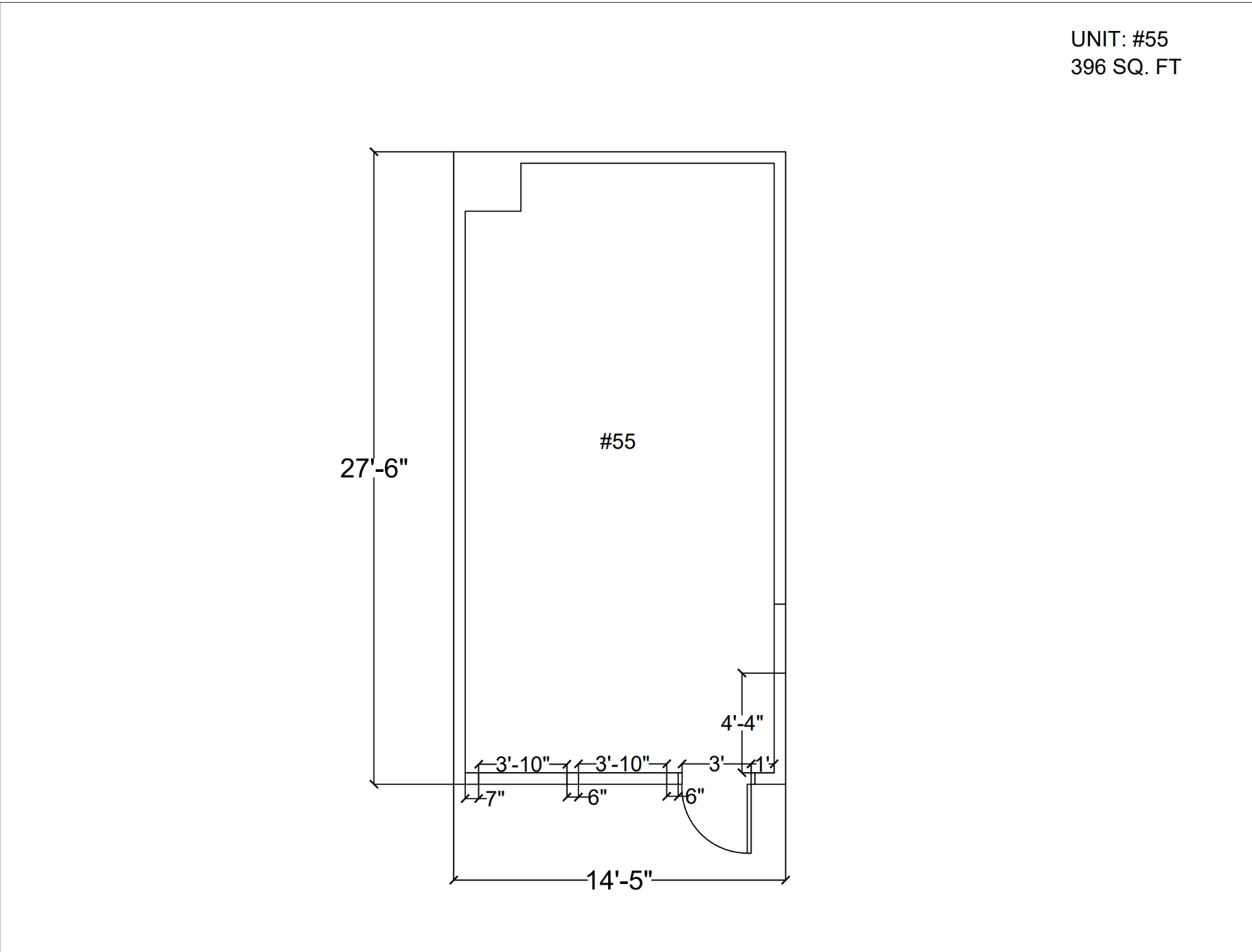 Floorplan of Unit 55, 396 square feet: a long 14 by 28 foot room with a notched top-left corner, three windows along the bottom wall and a door in the bottom-right corner